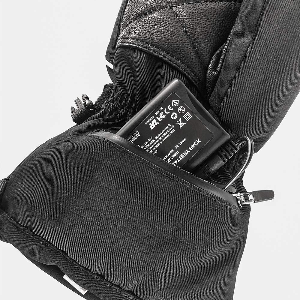 A SNOW DEER 7.4V 2200mAh Lithium Polymer Battery being inserted into the zippered battery pocket of a heated glove.