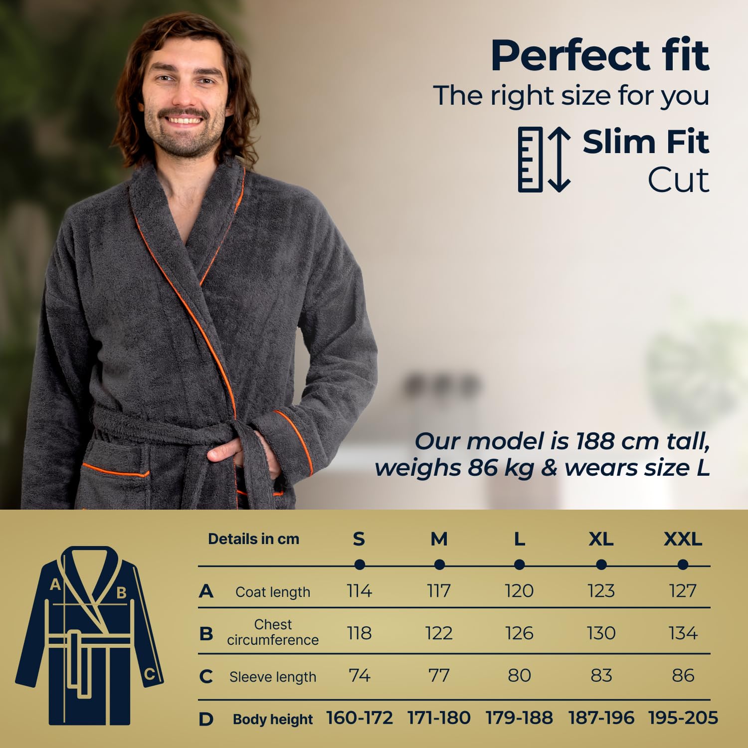Szlafrok męski bawełniany w rozmiarach S/M/L/XL/XXL szaro-pomarańczowy