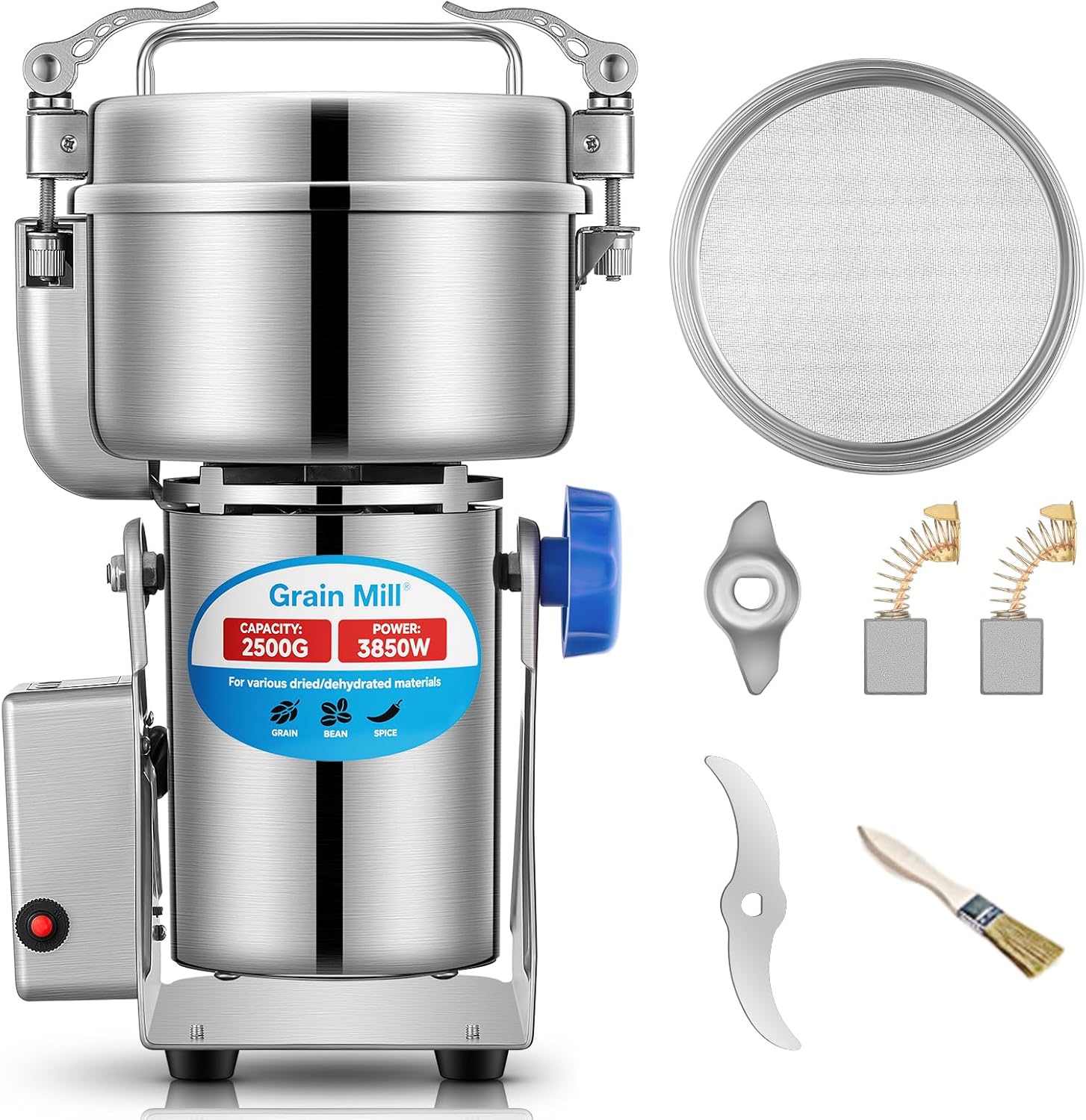 Electric Grain Mill 2500g, Swing Grain Grinder Mill 3850W, Upgrade Stainless Steel Flour Mill, High-speed Spice Herb, Commercial Superfine Machine, Dry Cereals Pulverizer
