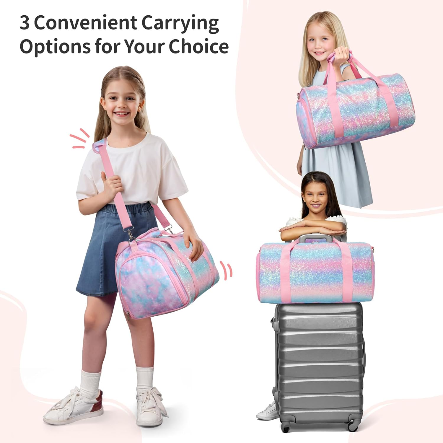 Dance Bag for Girls - Kids Duffle Bag with Shoe Compartment and Wet Pocket, Water Resistant Kids Weekender Overnight Travel Luggage for Ballet Gymnastics Sports(Tie-Dye Pink) - Image 4