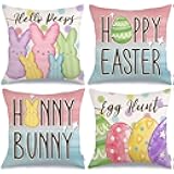 GEEORY Happy Easter Eggs Hello Peeps Throw Pillow Covers 18x18 Inch Set of 4, Hunny Bunny Polka Dots Spring Decorative Farmhouse Holiday Cushion Case for Home Decoration G687-18