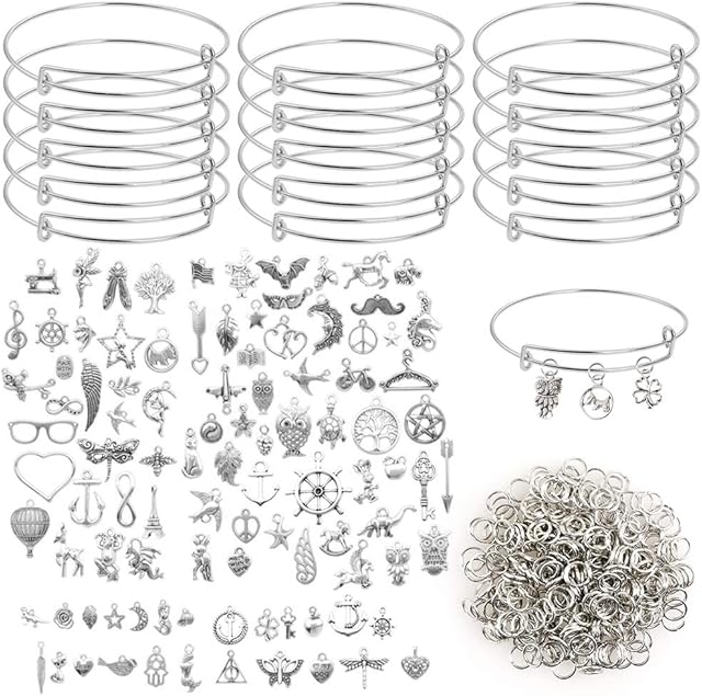 15Pcs Expandable Bangle Bracelets Adjustable Wire Bangles with Assorted Gold Plated Enamel Dangle Charm Pendant for DIY Jewelry Making, Including Hundreds of Jump Rings