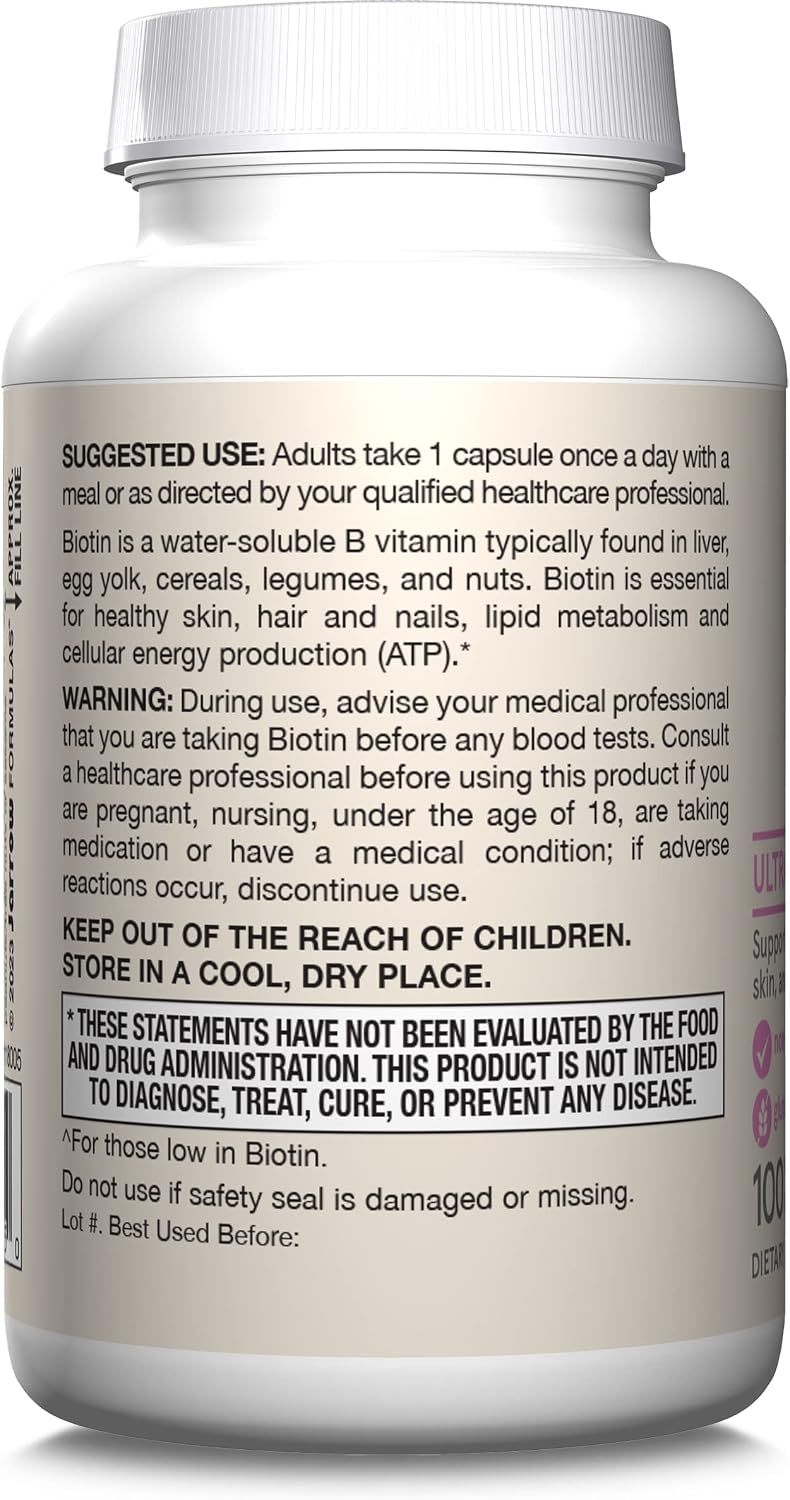 Jarrow Formulas Biotin 5000 mcg - 100 Veggie Capsules - Supplement Supports Skin & Hair Growth, Lipid Metabolism & Energy Production (ATP) - 100 Servings