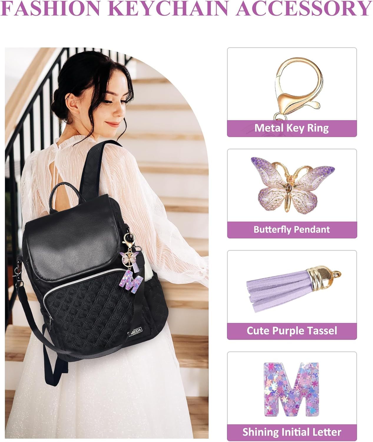 Fmeida Initial Letter Keychains for Women Cute Purple Keychain with Tassel& Butterfly - Image 3