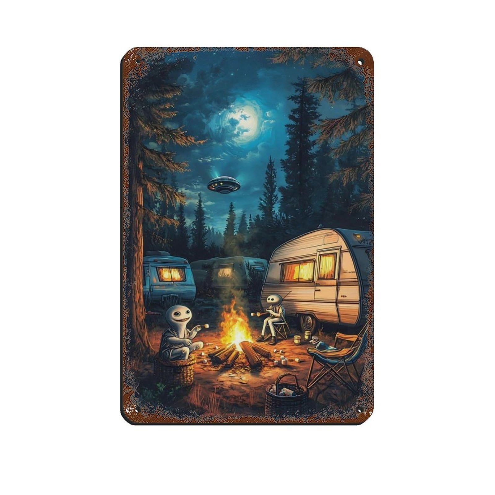 Lxwnze 20L X 30W Cm Alien Campfire,Spaceship Night Forest Tin Sign Vintage Metal Pub Club Cafe Bar Home Wall Art Decoration Poster Retro 8X12inch(20X30cm)