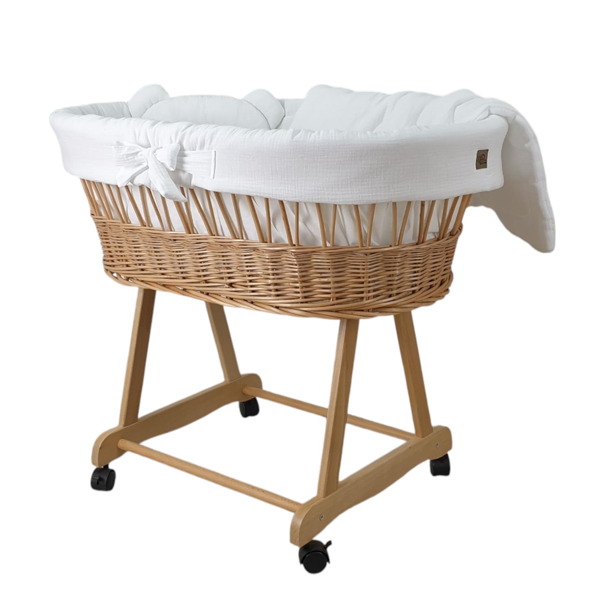 Stubenwagen Baby mit Rollen & Bremse – Moseskorb aus Naturweide inkl. Matratze & Weiß Bettwäsche aus 100% Baumwolle Oeko-Tex – sicher & mobil – Modell Amelia