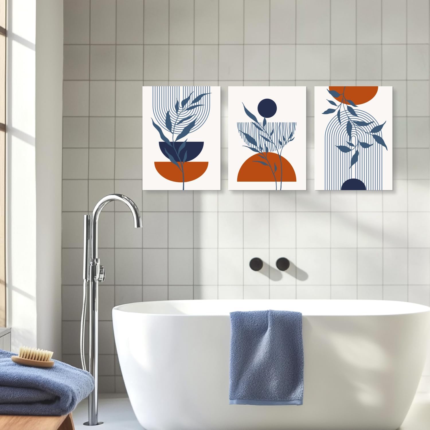 Blue Boho Wall Art Set of 3, Blue Wall Posters Prints, Minimalist Framed Wall Decor, Geometric Line Abstract Modern Neutral Beige Canvas Artwork Paintings for Bedroom Bathroom 12"x16"x3