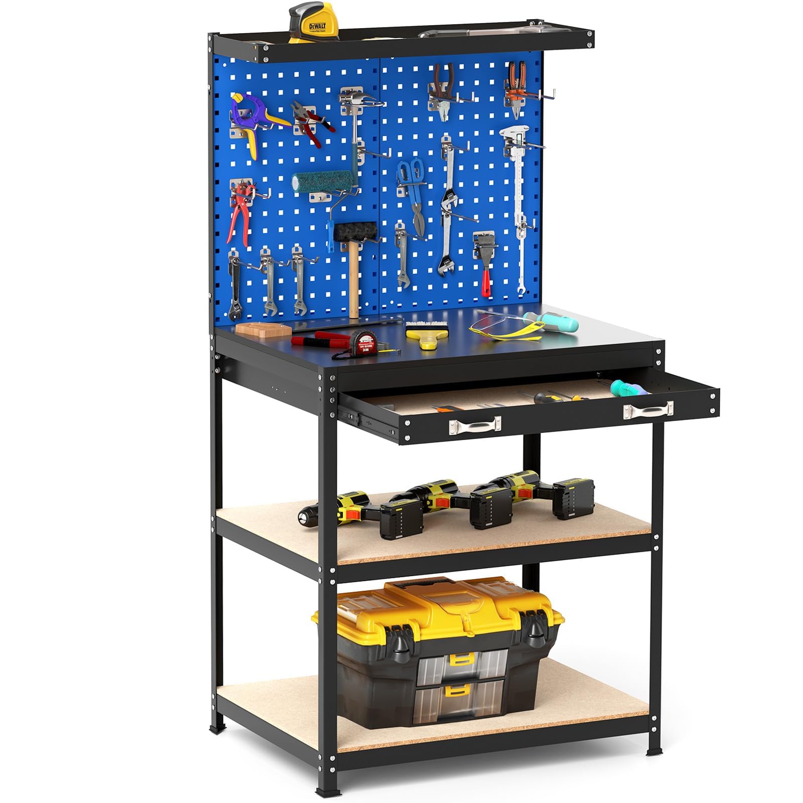 FANTASK Werktisch Werkzeugbank, 225 kg Tragkraft Arbeitstisch mit regalen & 20 Hängehaken & Lochwand & Schubladen, Werkbank für Garage, Werkstatt & Haus, 81x41x156 cm (Blau)
