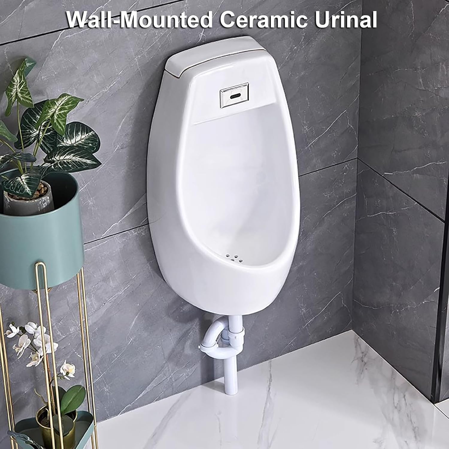 Wall Mounted Ceramic Urinal for Men, Spill Proof Design with Induction Flushing, Complete Installation Accessories for Home, Public Toilets, and Commercial Use