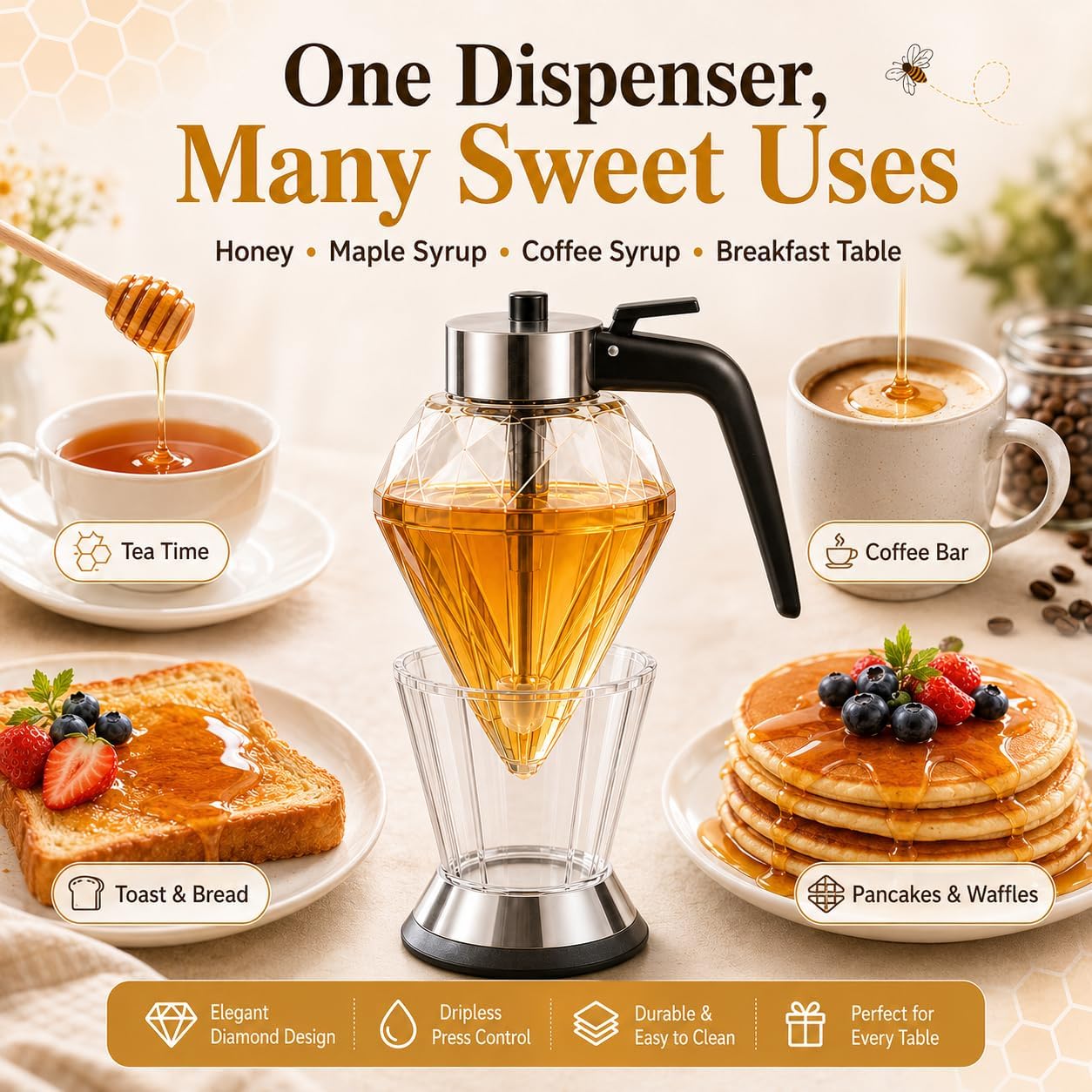 NUOREEL Dripless Glass Honey Dispenser with Stand, 8oz Diamond Honey Jar image 3