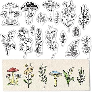 CRASPIRE Mushroom Clear Stamps for Card Making Decoration Scrapbooking Supplies Pine Cones Stamps Flower Lily Ginkgo Leaves Transparent Rubber Stamps for Paper Photo Album Crafting Decor 6.3 x 4.3inch
