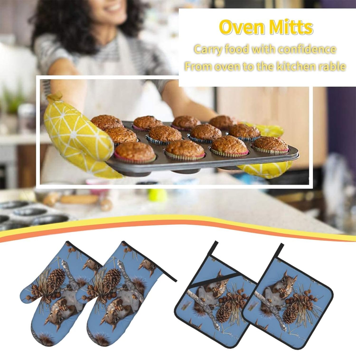 Squirrel Eating Squirrels Prints Kitchen Covers: Waterproof Oven Layers for Safe Cooking & Easy Cleanup - 4 Piece Heat Protection Set