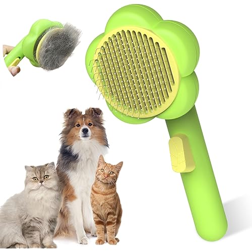 Ptlom Pet Grooming Brush Cat Deshedding Brush, Self-Cleaning Slicker Cat Brushes for Long and Short Hairied Cats Dogs, Kittens Shedding Comb Pets Supplies Massage Tool for Hair Removal, Green