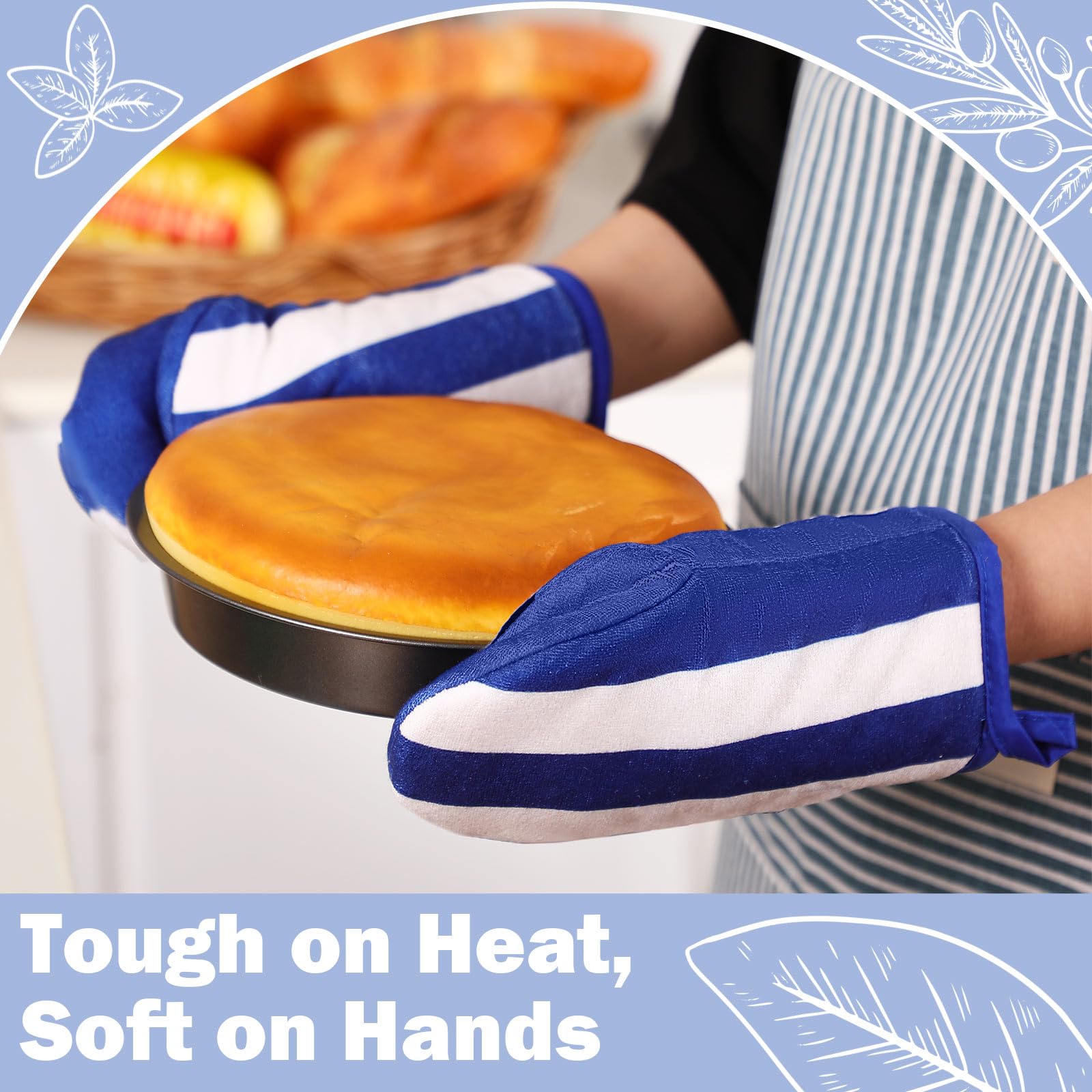 Reallnaive Juego de 4 manoplas de horno y soportes para ollas para cocina, guantes de horno de algodón a rayas, resistentes al calor, 260.0 °C, exteriores, interiores, jardín, hornear, cocinar