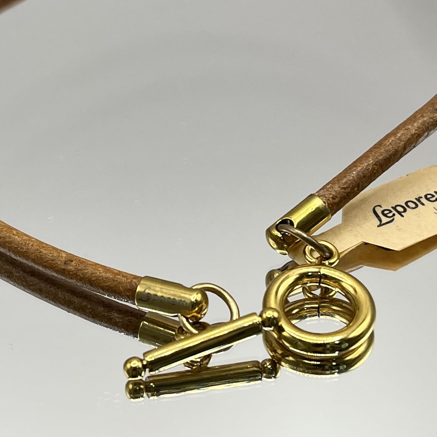 Leporem 4mm Brown Leather Cord Necklace 18K Gold Plated Toggle Clasp image 3