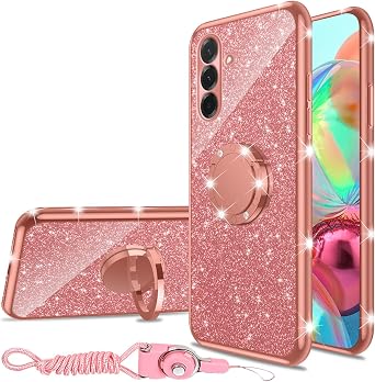 nancheng for Samsung Galaxy A36 5G Phone Case Girls Women Cute Glitter Luxury Soft Silicone Clear Cover with Ring Stand Strap Lanyard Shockproof Protection Case for Samsung Galaxy A37 5G - Rose Gold