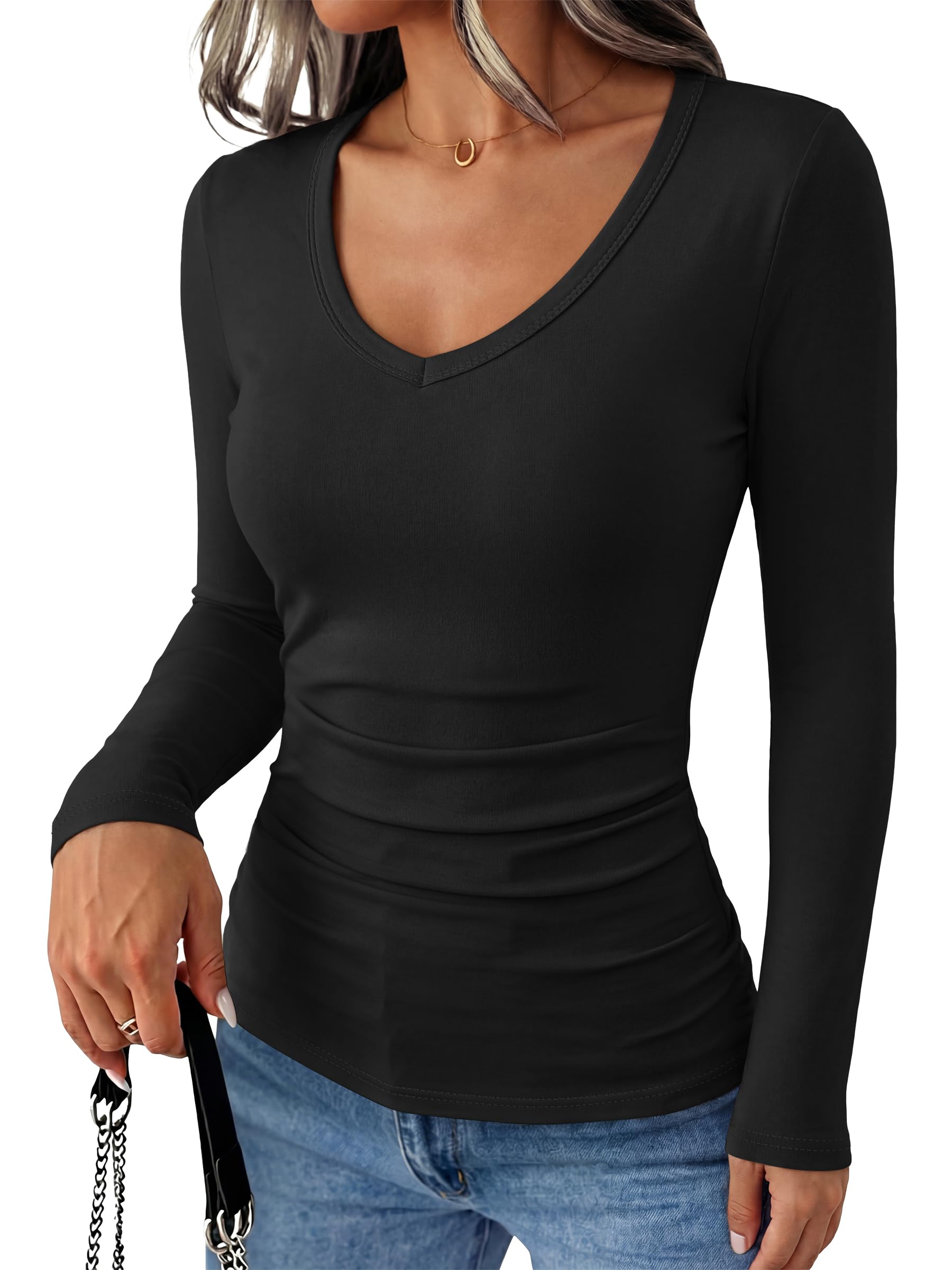 ANRABESS Women's Double Lined Long Sleeve Tops Layer Shirts | Slim Fitted V Neck Basic Te…