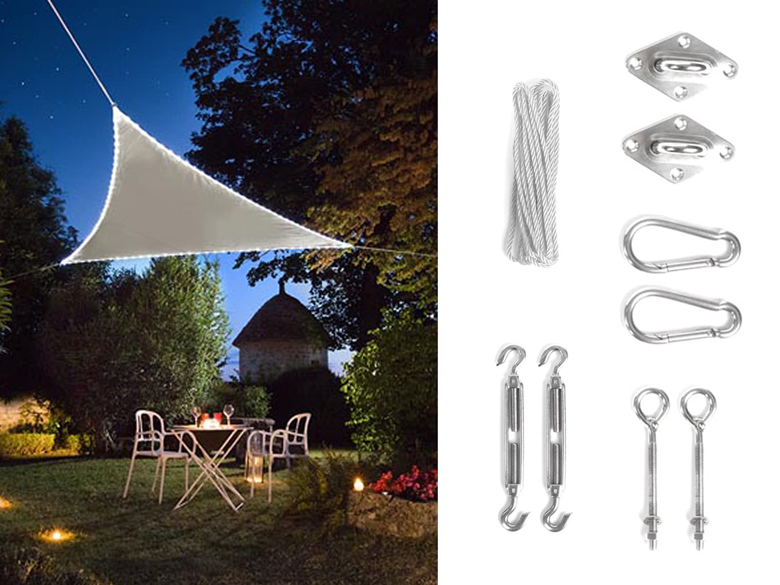 Vellemann Solar Sonnensegel Taupe Dreieck z 107 diodami LED, 360 x 360 x 360 cm, wodoszczelny, ze sztuką Ösen