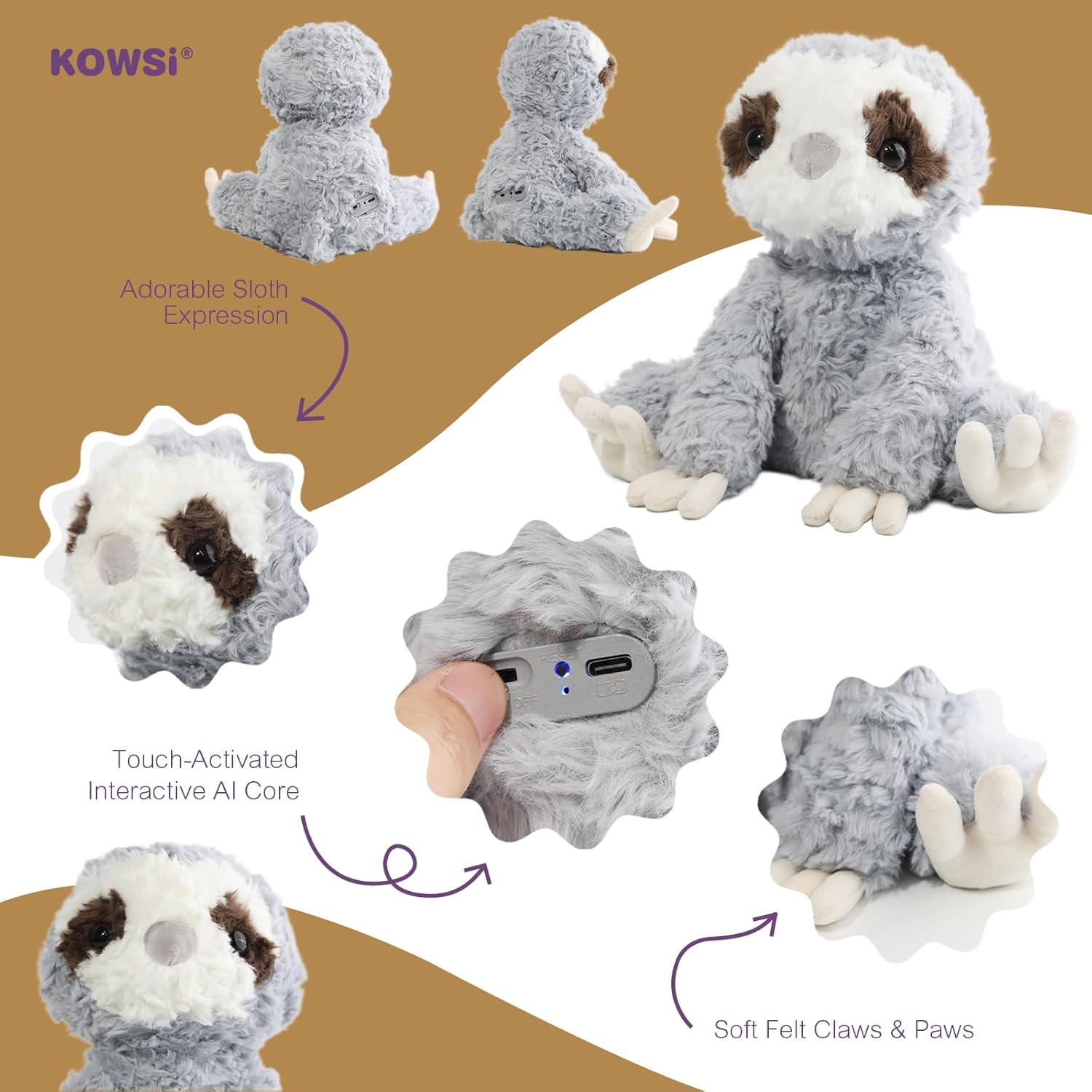 KOWSI® AI Interactive Talking Mindful Sloth Plush – 1.4LB Microwavable Heatable Stuffed Animal with Tourmaline Lavender Heat Pad - 10" Educational STEM Toy to Language Learning Speaking