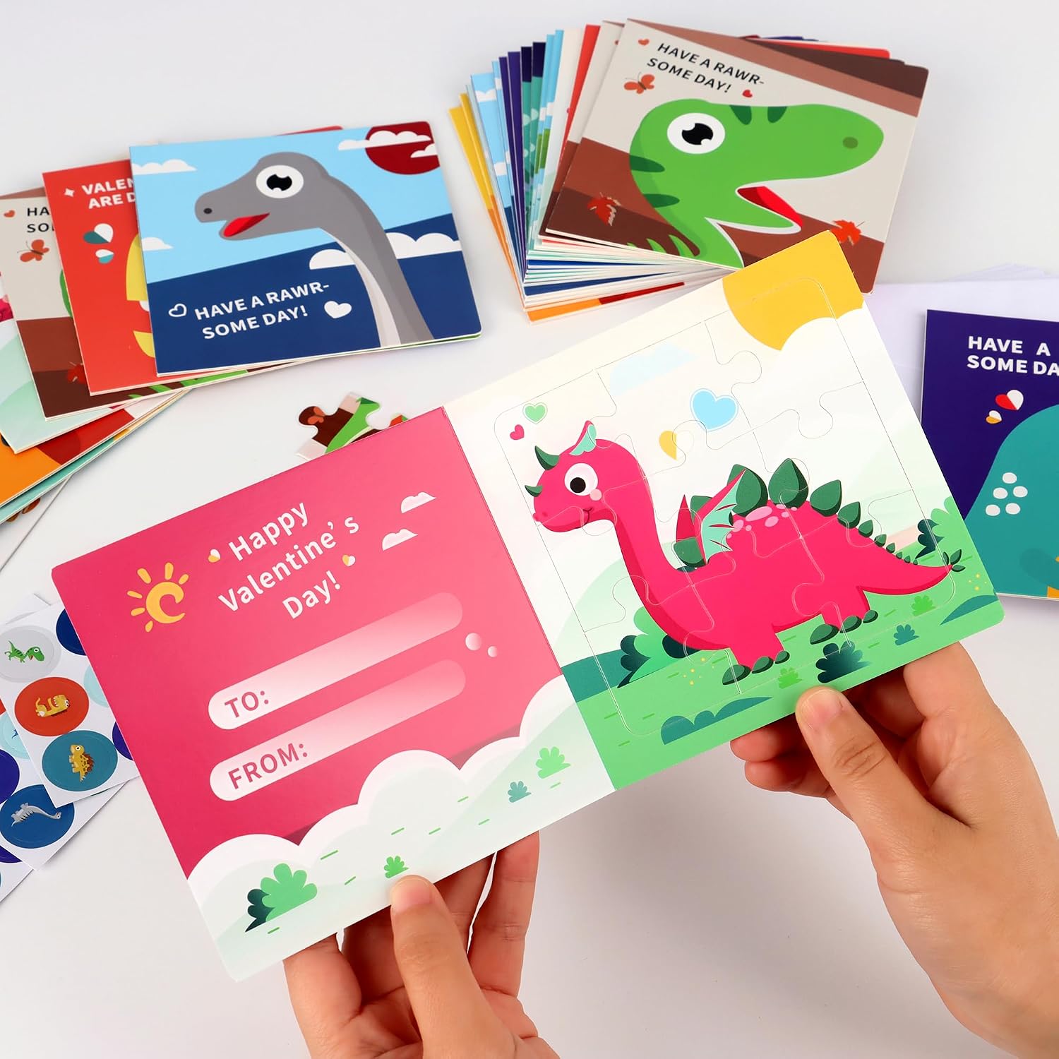 Valentine's Day Puzzle for Kids, 27 Pack Dinosaur Jigsaw Puzzle Cards with Envelopes & Stickers Bulk -for School Classroom Class Boys Girls Toddlers Gift Exchanges and Kids Valentines Party Favor Sets