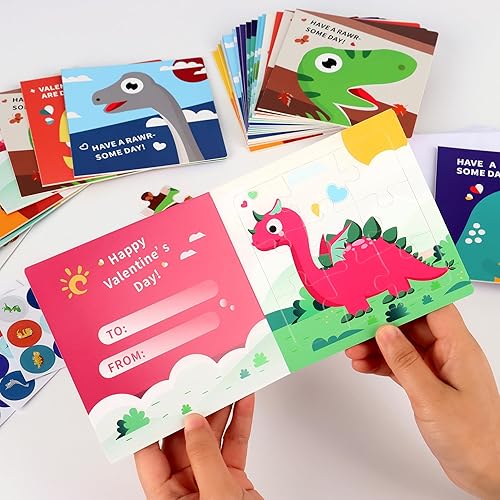 Miniatura 6 de POPGIFTU Tarjetas de regalo para el día de San Valentín para niños, 9 tipos, paquete de 27 tarjetas de rompecabezas de dinosaurio con sobres y