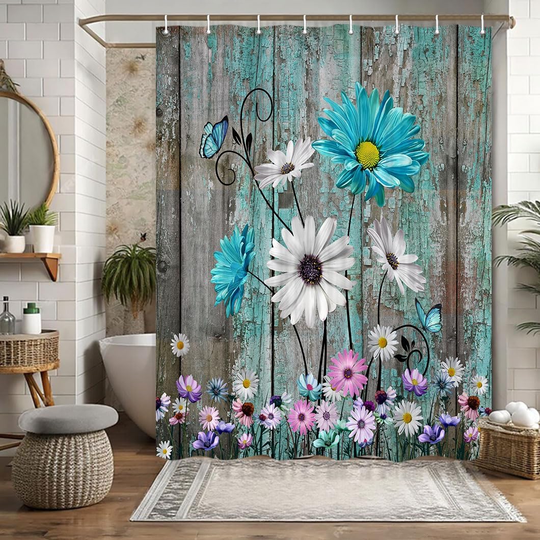 Rustic Farmhouse Floral Shower Curtain Set - Spring Daisy and Wooden Design With Hooks, 72x78 Inch, Teal