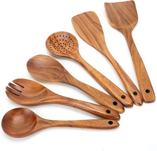 EZuncle Juego de 6 cucharas de cocina de madera, ideal para sartenes antiadherentes, madera maciza resistente al calor, cubiertos de teca suaves