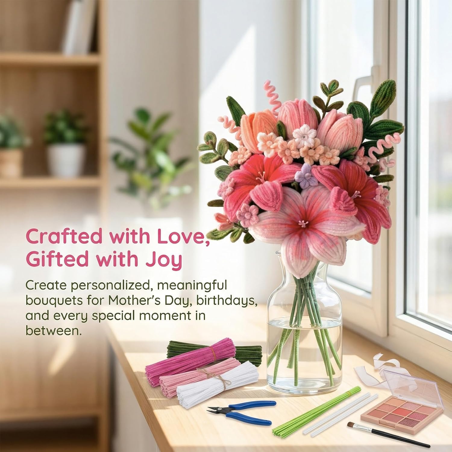 Eywwuu 540 Pcs Pipe Cleaner Flower Kit, DIY Flower Bouquet Making Kit with 5 Pastel Chenille Stem Colors, 30 Floral Stems, Tape, Stamen, Glue Sticks, Pliers and Brush for Rose Tulip Lily Crafts