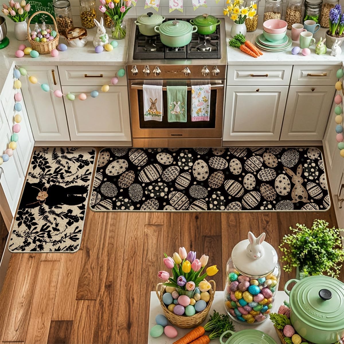 Artoid Mode Black Bunny Egg Leaves Easter Kitchen Mats Set of 2, Spring Home Decor Low-Profile Kitchen Rugs for Floor - 17x29 and 17x59 Inch