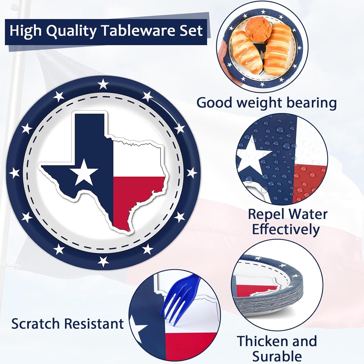 gisgfim 96Pcs Texas State Flag Party Supplies Paper Plates Napkins Texas State Theme Party Tableware Set Texas State National Party Decorations Favors for Family Gathering Dining Serves 24 - Image 3
