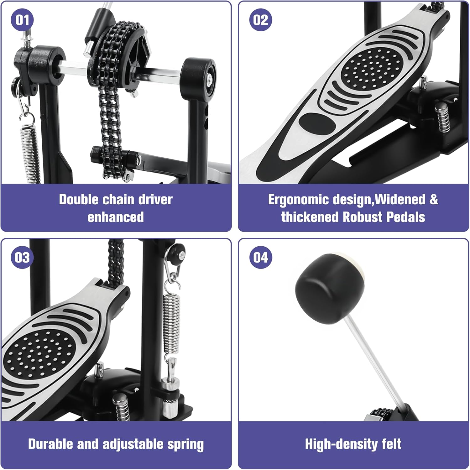 Bass Drum Pedal,Double Chain Drive Kick Pedal with Adjustable Spring & Beater Angle, Heavy-Duty Metal Foot Pedal with Non-Slip Base, Compatible with Acoustic/Electronic Drum Kits