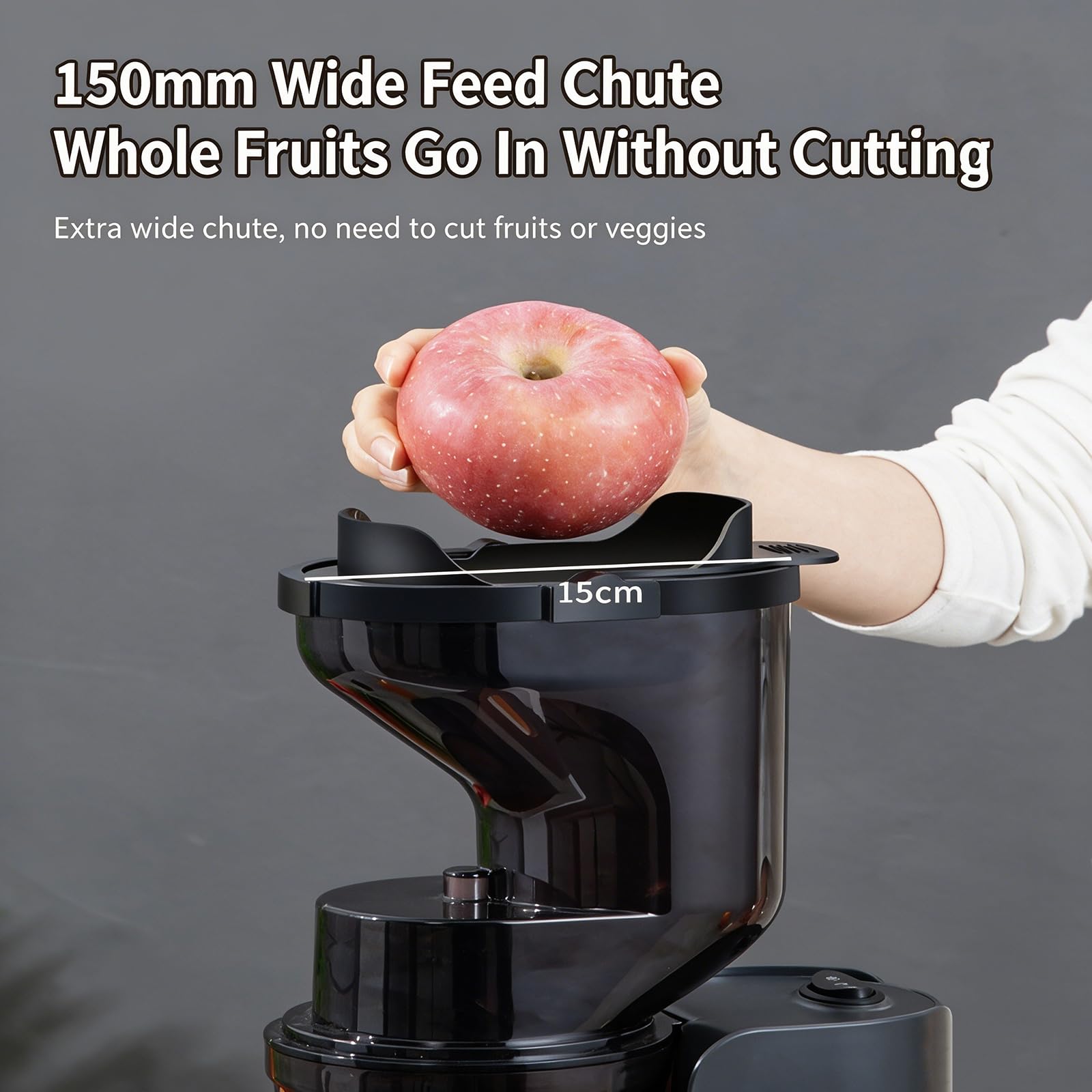 Presse-agrumes lent à pression froide, conception à double séparation | Goulotte d'alimentation ultra large de 150 mm, prend en charge le jus de fruits entiers. Rotation avant et arrière(black)