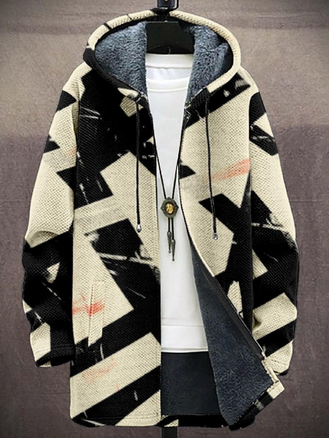 2025 Men's Ethnic Pattern Hooded Jacket Long Cardigan Hoodies Full Zip Vintage Knitted Zipper Coat with Pocket - Image 3