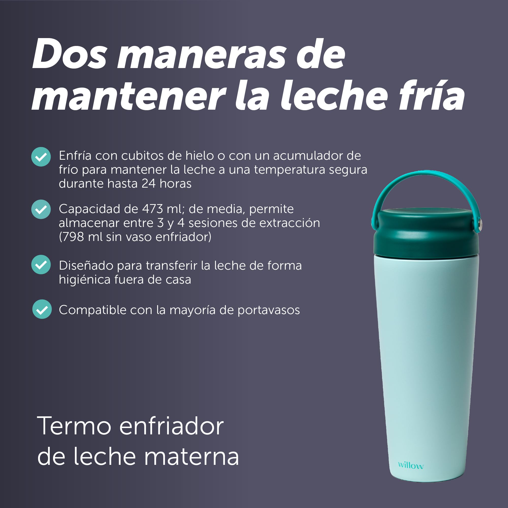 Elvie Termo Leche Materna, 473ml Acero Inoxidable, Conserva Leche Fría 24h, 2 Formas de Enfriar (Pack Hielo o Cubitos), Diseño Higiénico Patentado, Sin BPA.