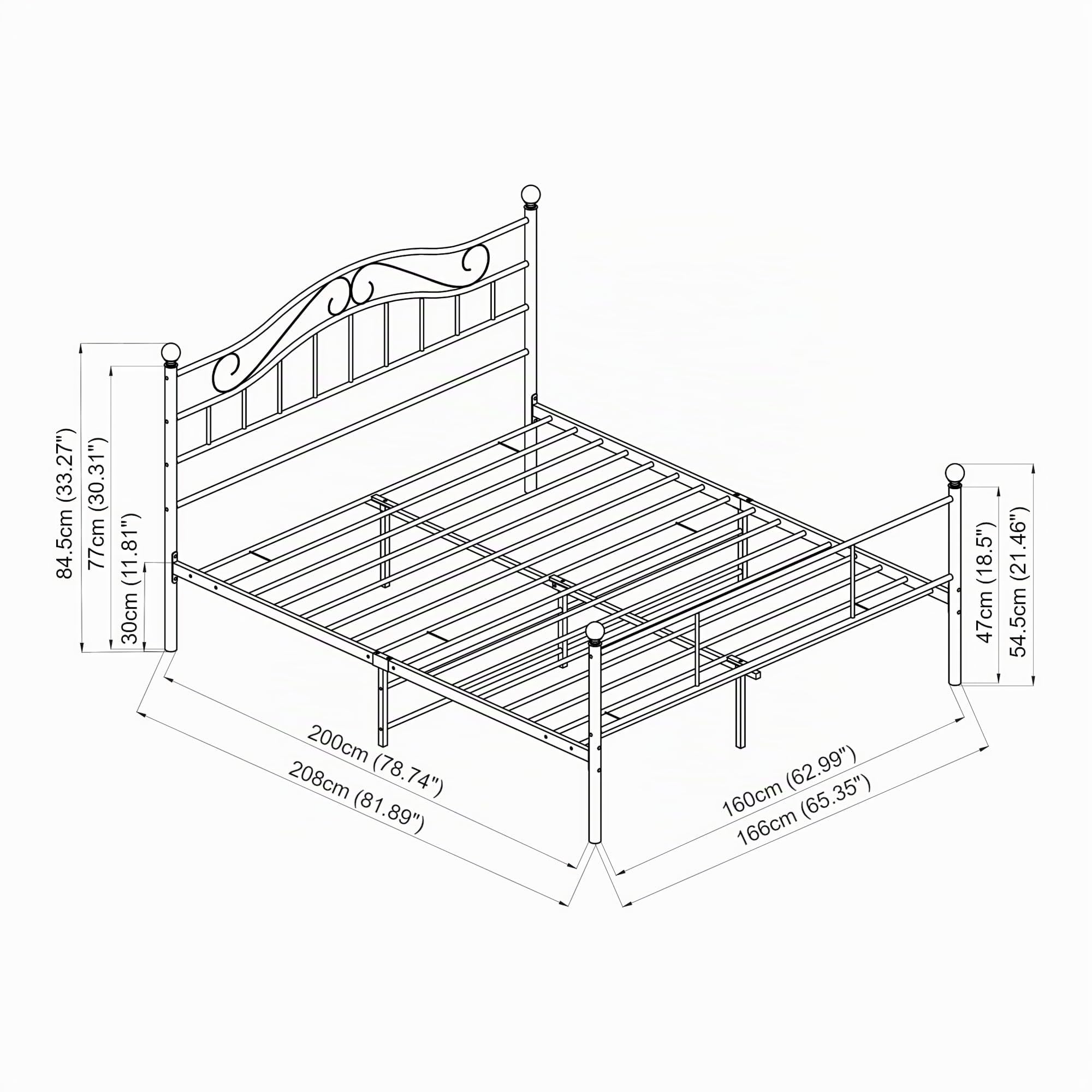 [en.casa] Struttura Letto in Acciaio con Testiera Alta Decorativa e Pediera Letto Matrimoniale con Zona di Riposo 160 x 200 cm Bianco