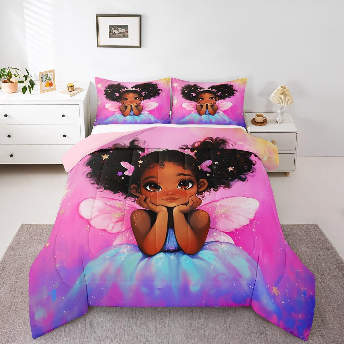 Erosebridal Black Girls Comforter Sets,African Princess with Wings Bedding Set,Pink Gradient Rainbow Galaxy Room Decor Kids Bedding Sets for Girls,Twin (1 Comforter 1 Pillowcase) - Image 3