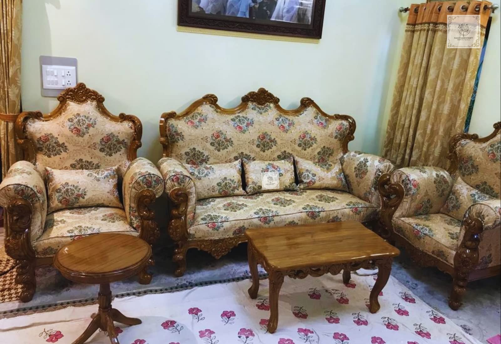 Sofa Set 5 Seater with Center Table for Living Room Handcarved Design Walnut Finish Silk Fabric Comfort Cushioning 5-Person Sofa 3+1+1 Sofa Set 5 Seater Wooden Teak Wood Frame (5 Seater 002)-image-35
