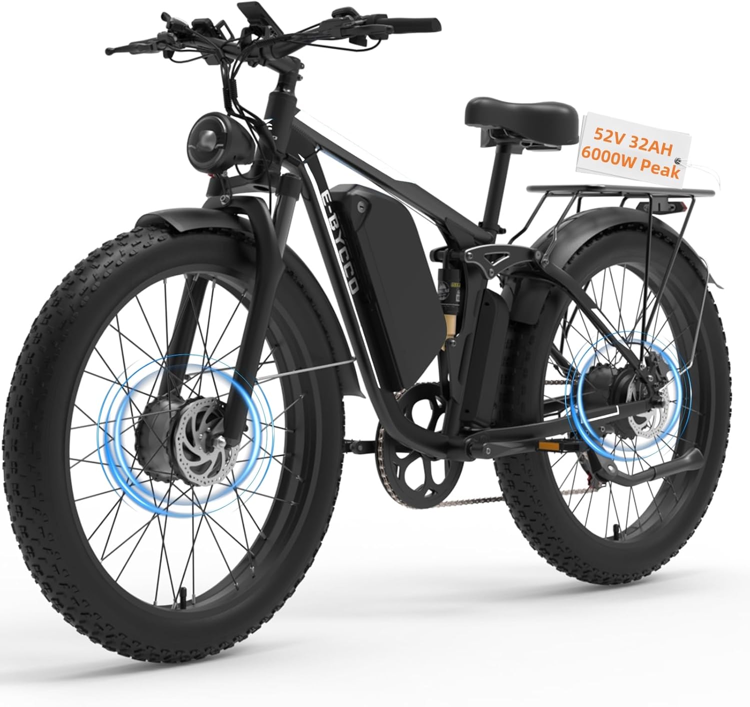 6000W Electric Bike for Adults, 52V 32AH Dual Motor E-Bike, Up to 90Mile & 45MPH All-Terrain Fat Tires Full Suspension 24/26 Inch Electric Bicycles Hydraulic Disc Brake for Road UL2849 by SGS