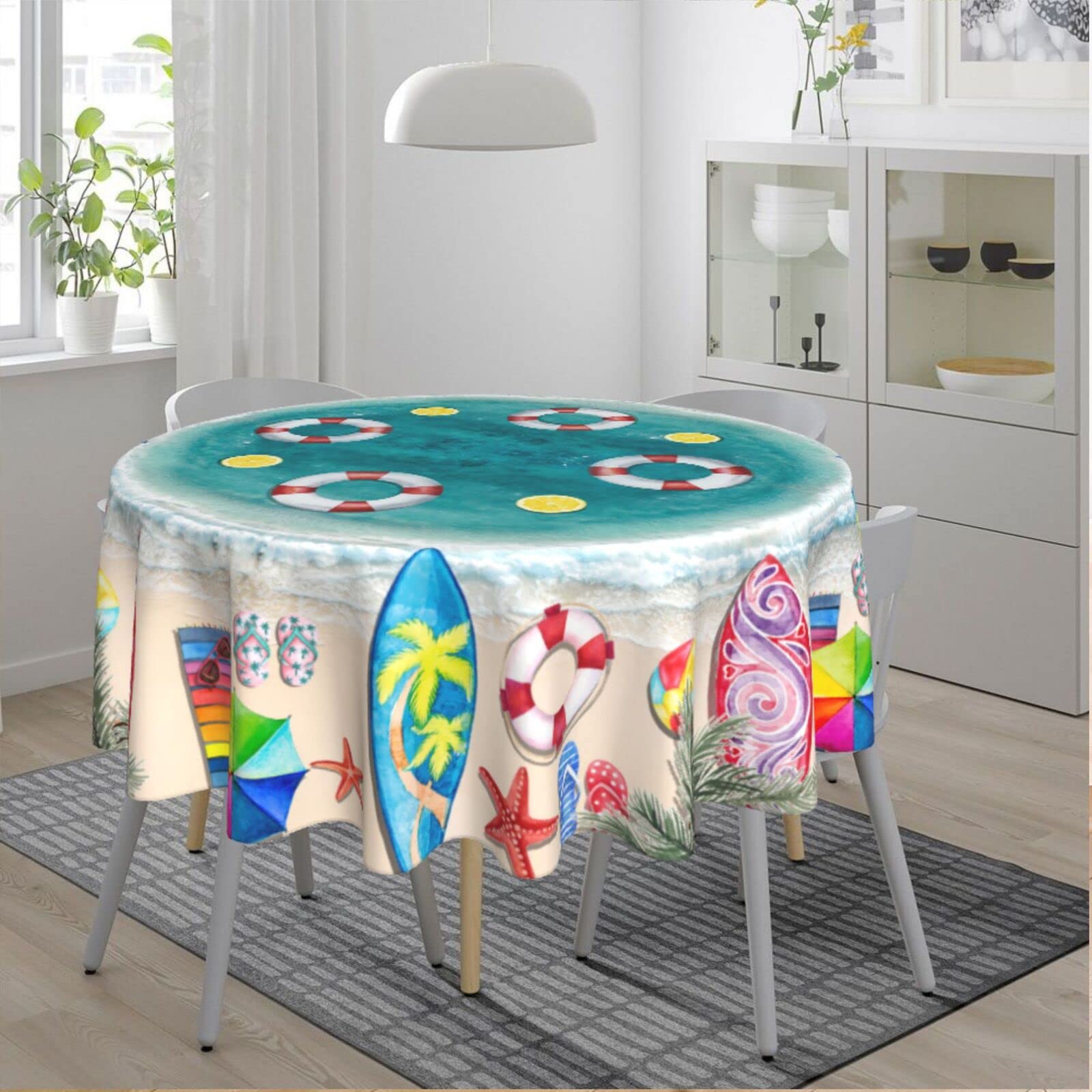 YETTA YANG Summer Beach Hawaii Tropical Funny 3D Waterproof Picnic Patio Party Round Table Cloth Cover Decorations Fabric 60 Inch Circular Tablecloth for 20-47 Inch Home Dining Room Kitchen Decor
