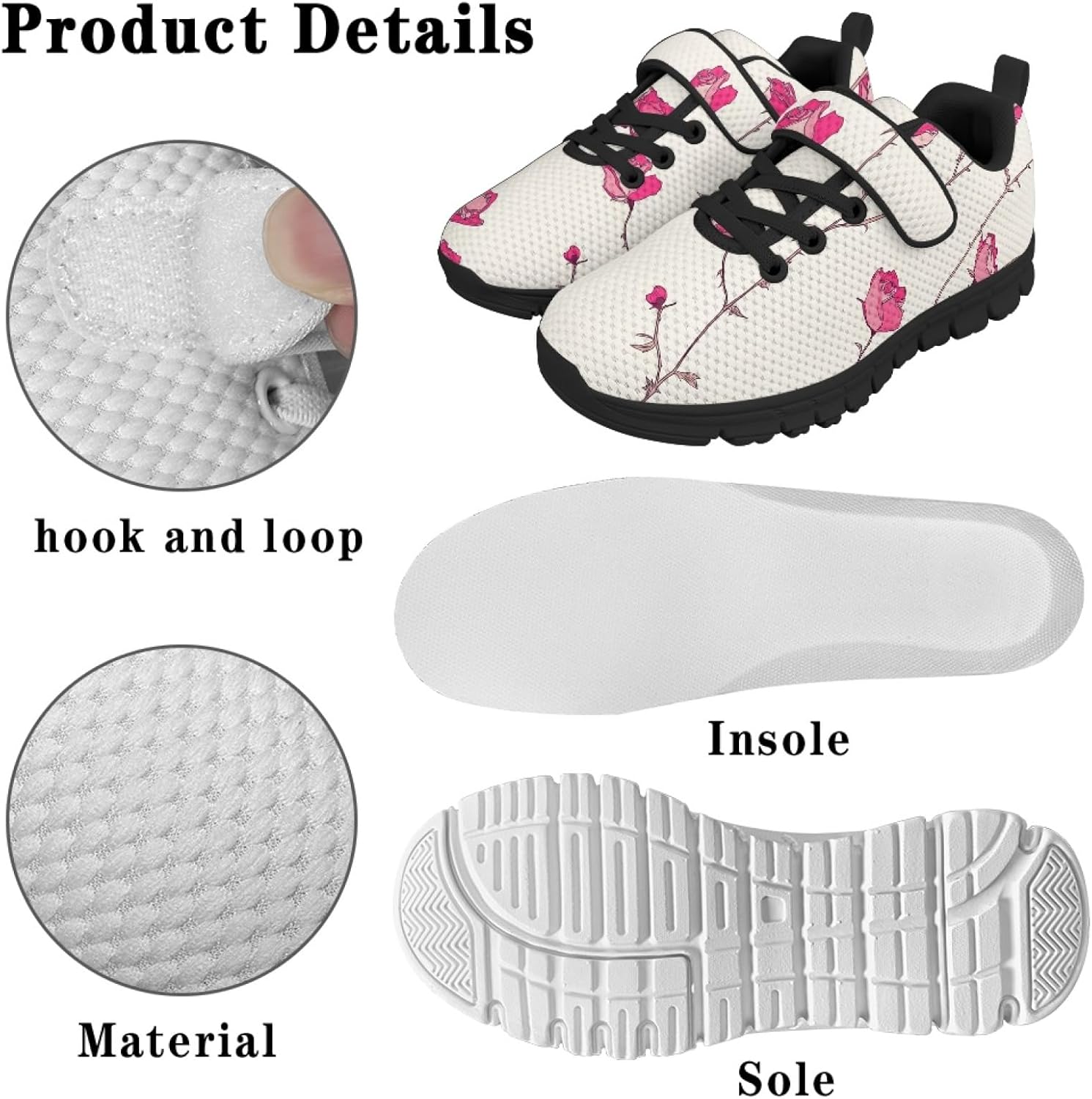 Rose Black Lightweight Girls Running Shoes with Hook and Loops Breathable Safe Walking Bowling Shoes Lace Up Soft Materials Sneakers for Kids Indoor Daily Casual Stitch Sneakers for Girls