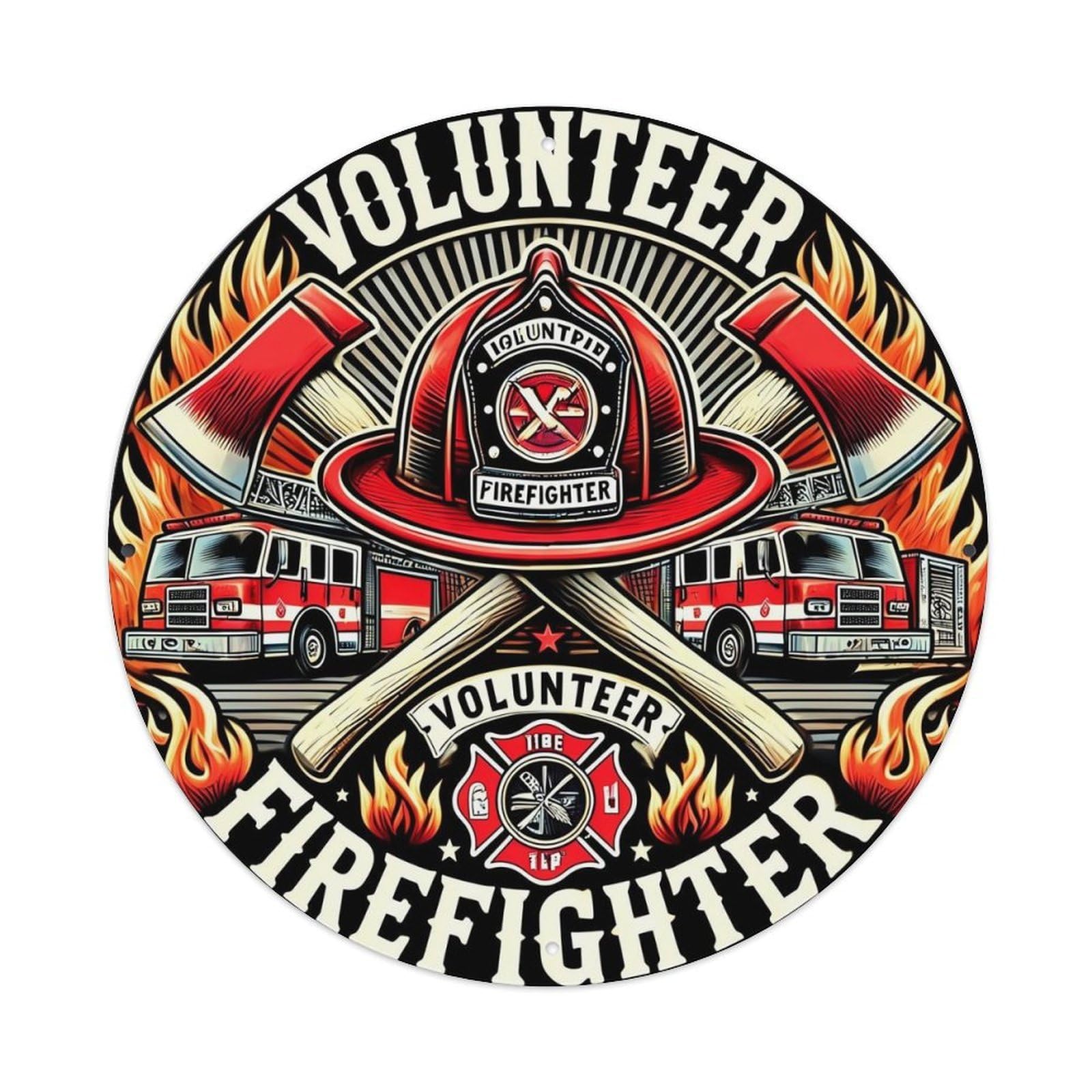 Jdyaojiesheng Vintage Volunteer Firefighter Helmet Axes Flames Round Tin Sign Retro Metal Wall Decor Metal Poster, Home Bar Garage Farmhouse Cafe Wall Art Decoration 8X8inch