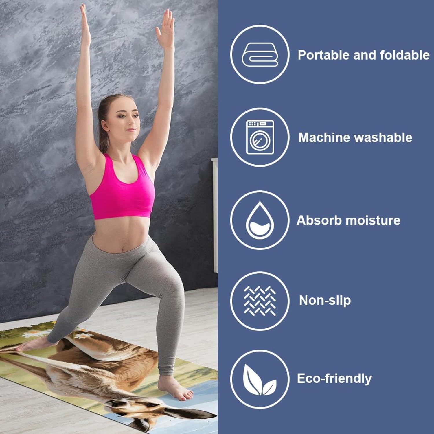 Yoga Towel, Kangaroo Pattern Non Slip Sweat Absorbent Hot Yoga Mat Towel for Hot Yoga, Pilates and Fitness - 72.8" x 26.8"