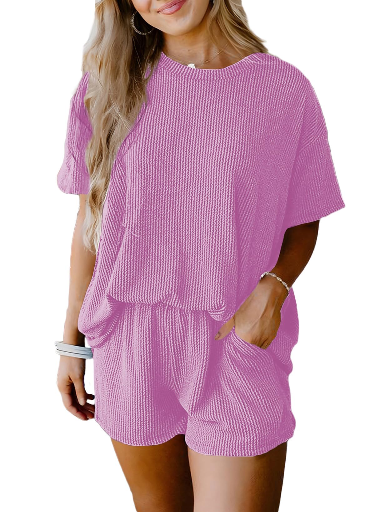 SHEWIN Two 2 Piece Sets for Women Short Sleeve Shirts High Waisted Shorts with Pockets Pajamas Lounge Matching Set