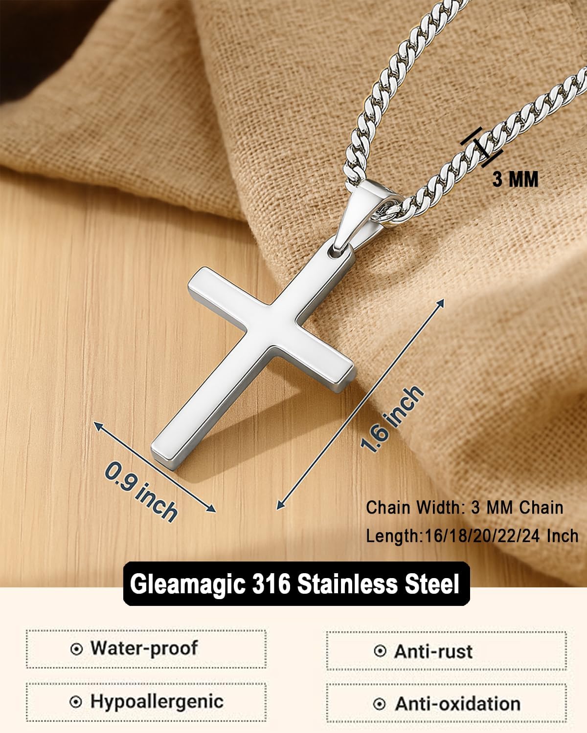 Cross Chain Necklace for Men Boys, Gold Silver Stainless Steel Mens Boys Cross Pendant with 3mm Cuban Chain, Faith Christian Necklace Christmas Gift with Smart Blessing Card, 16–24 Inch - Image 4