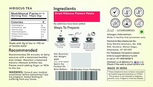 Miniatura 2 de TEACURRY Té de flores de hibisco, 30 bolsas de té (paquete de 1 mes) - Flor de hibisco indio real, sabor real del té indio - Té de hierbas
