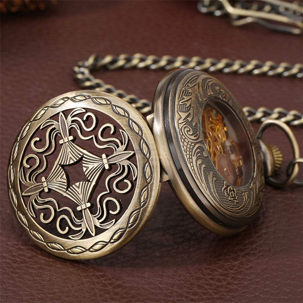 Taschenuhr, bronzefarbene, Hohle, mechanische Taschenuhr mit Handaufzug, antike Taschenuhr, Klassische, antike Taschenuhr mit Anhängerkette