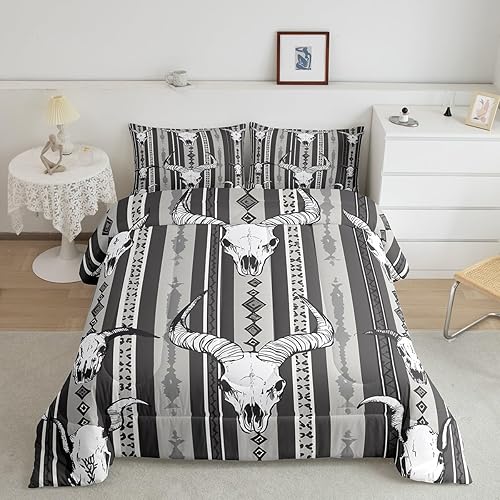 Miniatura 2 de Juego de ropa de cama estilo bohemio occidental, tamaño Queen, diseño de calavera de toro, vaquero, negro, blanco, gris, azteca del suroeste, para