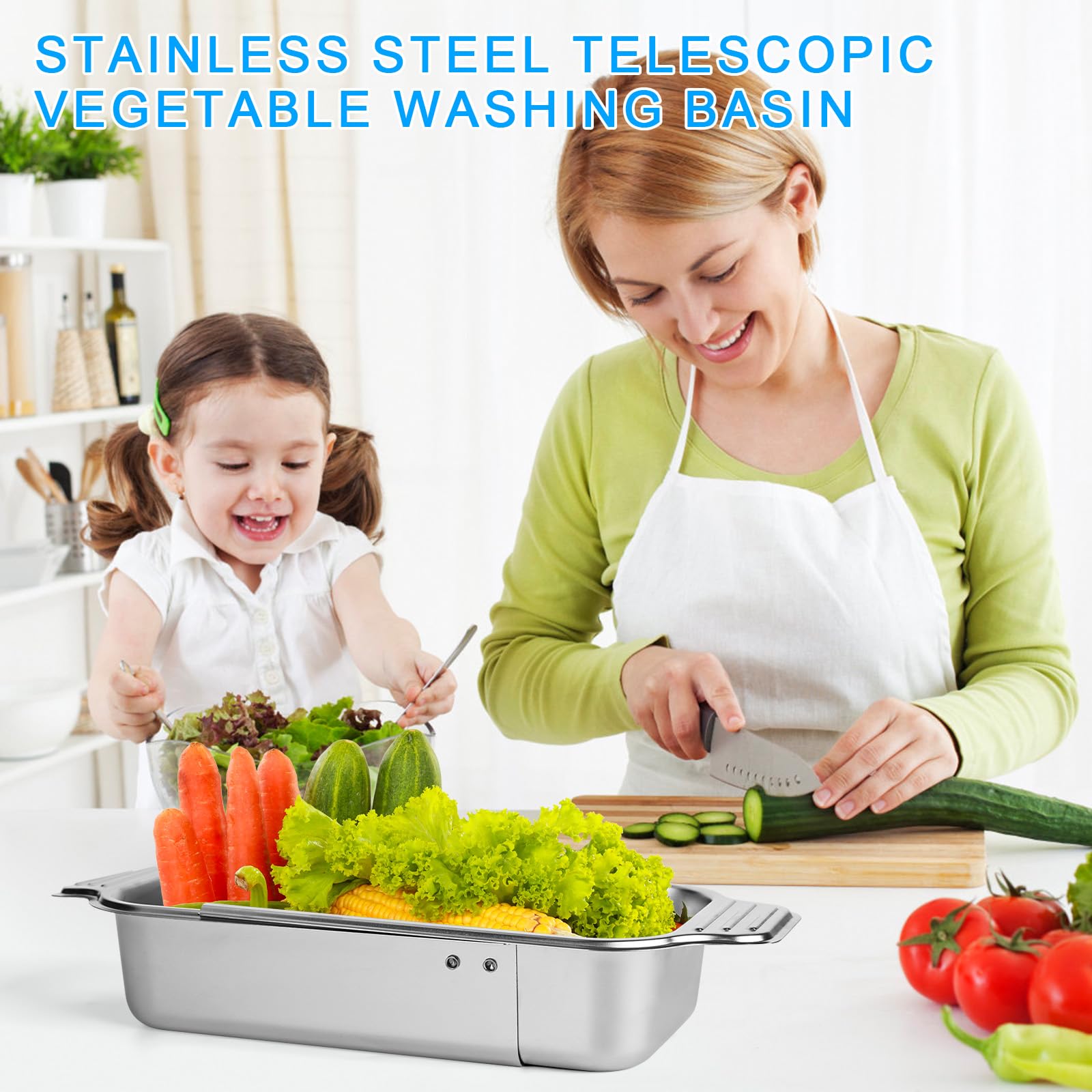 Scolapasta da Lavello, Scolapasta Acciaio Inox, Setaccio Estensibile per Lavello, Scolapastas da Cucina per Lavandino, per Verdure, Frutta, 33.5-44.5Cm