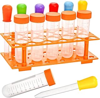 ZENFUN 12 Pieces Jumbo Test Tubes with Stand, Plastic Test Tubes for Primary Science, 5 Pieces Jumbo Test Tubes, 6 Pieces Liquid Droppers Silicone and 1 Piece Storage Stand, Multi-Color