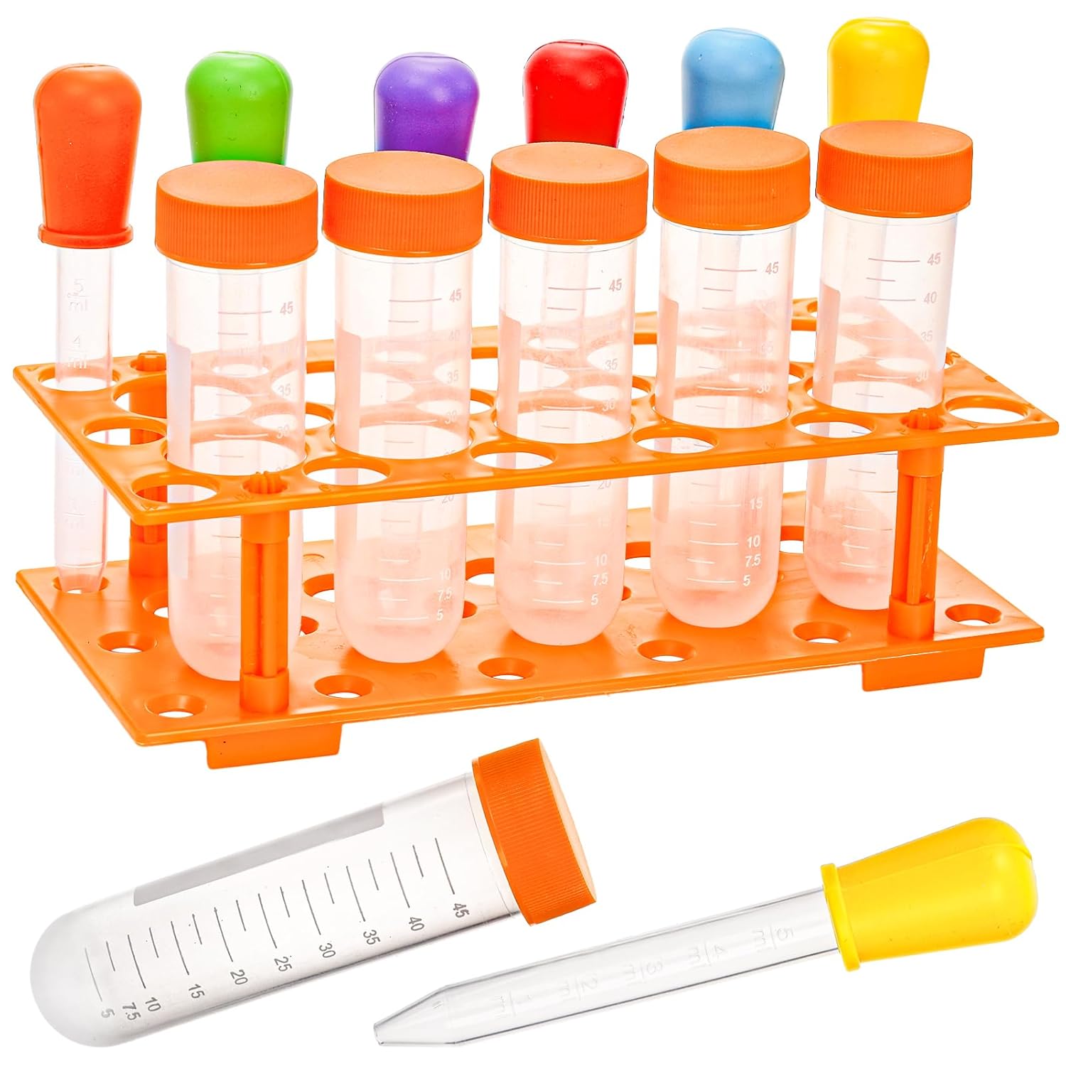 ZENFUN 12 Pieces Jumbo Test Tubes with Stand, Plastic Test Tubes for Primary Science, 5 Pieces Jumbo Test Tubes, 6 Pieces Liquid Droppers Silicone and 1 Piece Storage Stand, Multi-Color